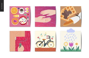 Simple things - postcards - flat cartoon vector illustration of set of breakfast meal, two hands, belgian waffles with chocolate, painting roller, bicycle, rain and blooming flowers - cards set