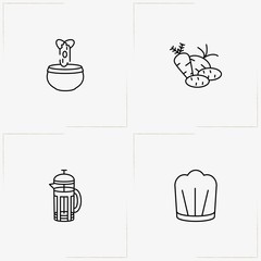 Cooking line icon set with tea pot , vegetables and cooker hat