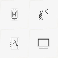 Communications line icon set with television, radar tower and mobile