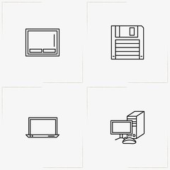 Computer line icon set with floppy disk , laptop and computer