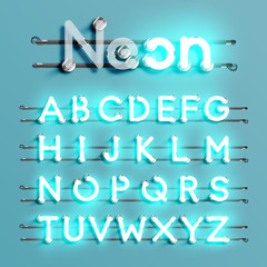 Realistic neon font with wires and console, vector illustration