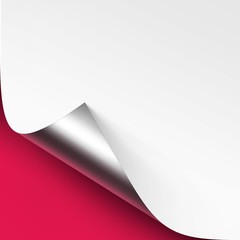 Vector Curled Metalic Silver corner of White paper with shadow Mock up Close up Isolated on Bright Pink Background