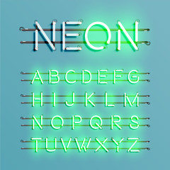 Realistic neon font with wires and console, vector illustration