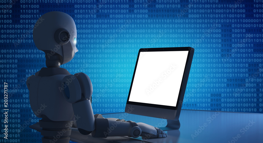 Poster robot using a computer with blank screen, mock up. artificial intelligence in futuristic technology 