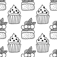 Cakes, sweet dessert. Black and white seamless pattern for coloring book or page.