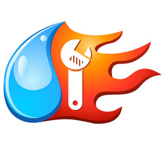 Wassertropfen, Feuerflamme und verstellbarer Schlüssel - Heizungsmonteur, Klempner