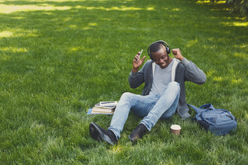 Young man listening to music on grass outdoors