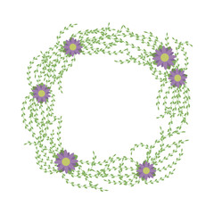 spring beautiful floral wreath with lilac flowers with a yellow center and small light green leaves on the bunches vector