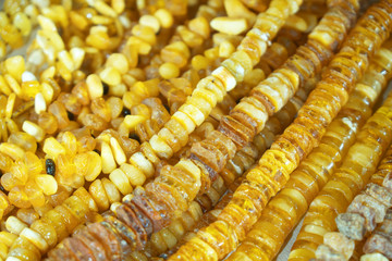 Lot of beads from amber. Close-up view.