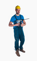 Serviceman holding a drill on white background