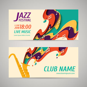 International Jazz Day - music paper cut style banners set for jazz festival or night blues retro party with saxophone and notes. Vector paper craft vintage music background
