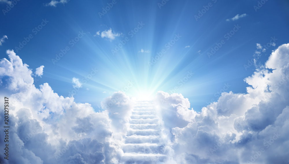 Wall mural stairway leading up to heavenly sky toward the light - Wall murals