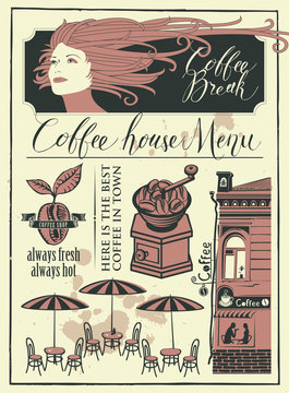 Vector banner for a coffee house with girl, street cafe and handwritten inscriptions in the form of old newspaper in retro style