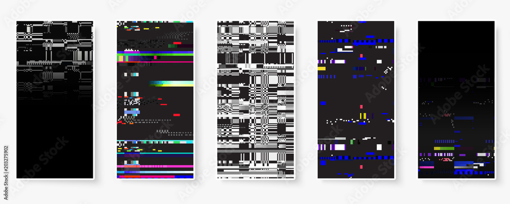 Poster glitch backgrounds set. mobile device screen error. digital pixel noise abstract design. device sign