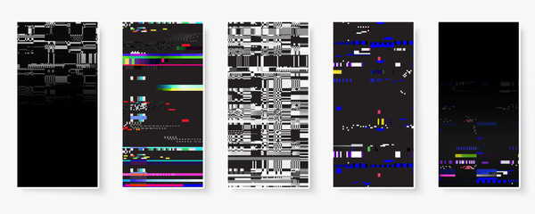 Glitch backgrounds set. Mobile device screen error. Digital pixel noise abstract design. Device signal fail. Gadget data decay. Glitch tv wallpaper. Monitor technical problem.