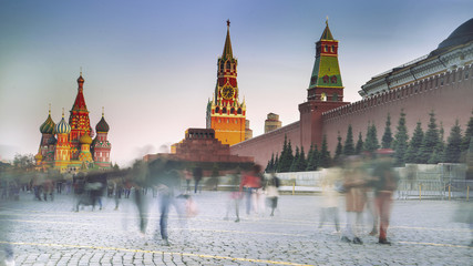 Red square with kremlin and St. Basil Cathedral, Moscow, Russia. Long exposition. Motion blur