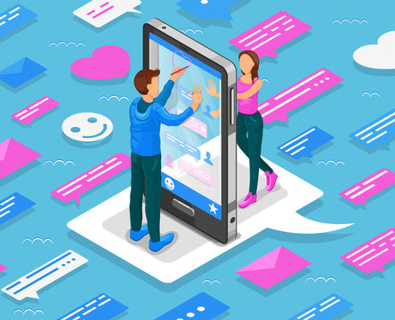 Online dating isometric concept. Teenagers chat through smartphone. Vector illustration