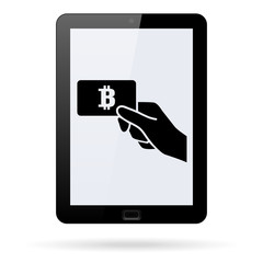 Hand hold bitcoin card. vector icon of cryptomoney on a realistic tablet