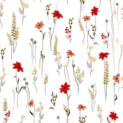 Seamless vector texture. Retro wild flower pattern in the many kind of florals. Botanical Motifs scattered random. For fashion prints. Printing with in hand drawn style on white background.