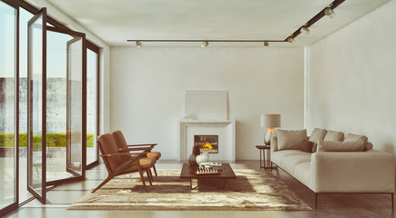 Modern bright interiors room 3D rendering illustration