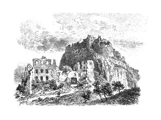 Germany, vintage engraving of the ruins of Hohentwiel fortress built in year 915 and 5 times destroyed during the Thirty Years' War in XVII century