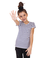 Portrait of a little girl making stop gesture using both hands