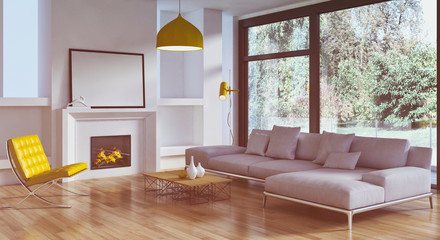 Modern bright interiors room 3D rendering illustration