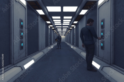 3d Render Futuristic Spaceship Interior Corridor Stock