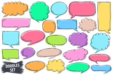 Speech bubble doodles set. Scribble frames collection. Sketch vector. Hand drawn effect illustration. Messages, phrases, text, chat, talk or dialog clouds set. Scrawl graphics isolated on white.