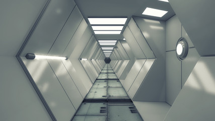 3D Render. Futuristic spaceship interior corridor