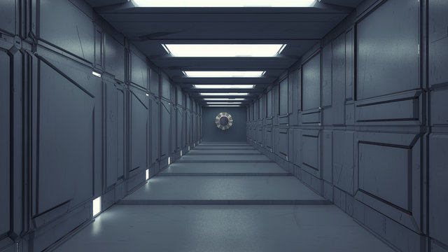 3D Render. Futuristic spaceship interior corridor