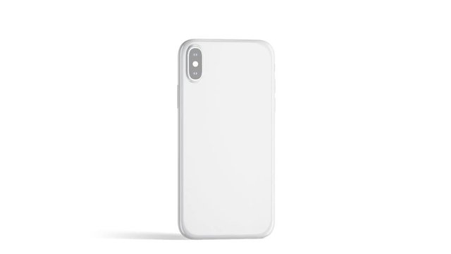 Blank white phone with glossy case, isolated, 3d rendering. Empty smartphone in satined cover half-turning, back side view
