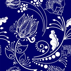 Oriental Chinese botanical flower graphic design for motif vector in Porcelain style seamless pattern with blue and white tone background