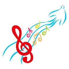 A treble clef with a heart and colorful notes on the tail of a magic bird