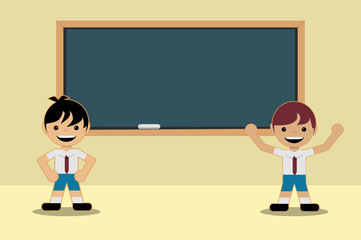 Back to school classes Two students in school uniforms expose in front of the blackboard. Flat style design