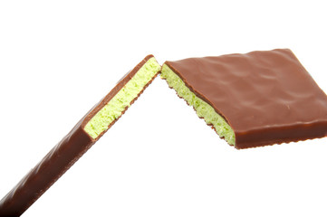 Milk chocolate with mint filling isolated on the white