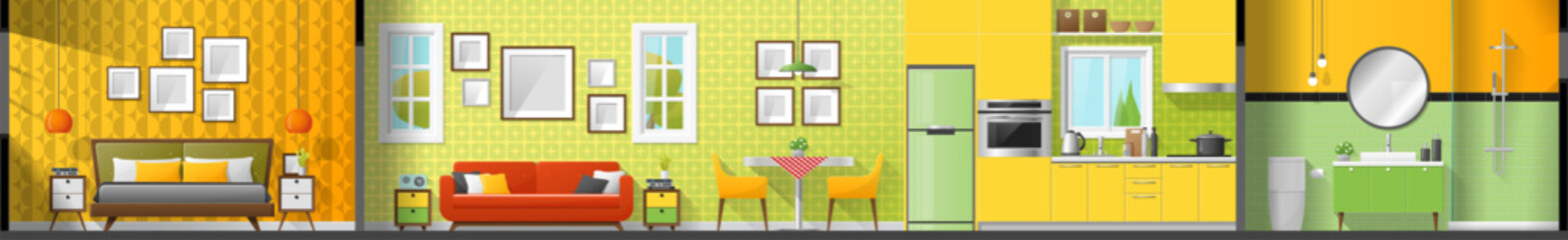 House interior section panorama including bedroom , living room , dining room , kitchen and bathroom , vector , illustration