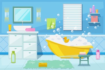 Fototapeta na wymiar Baby shower and bath room interior, vector cartoon illustration. Bathroom furniture, hygiene goods and design elements