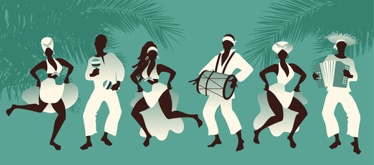Group of men and women dancing and playing latin music on tropical background with palm trees