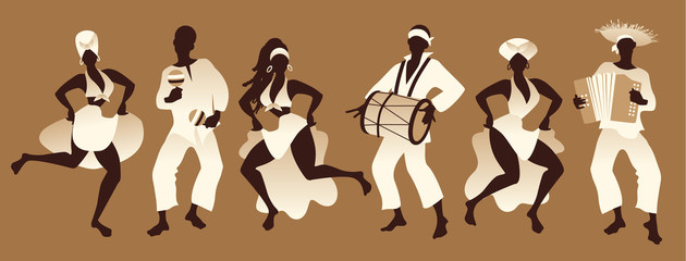 Group of men and women dancing and playing latin or afro american music - obrazy, fototapety, plakaty
