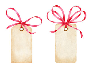 Blank watercolor gift tags with red ribbon bows isolated on white background. Paper design elements in vintage style