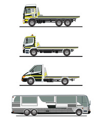 Set of realistic cargo vehicles and bus including heavy trucks with various trailers, lorries, vans.