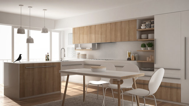 Modern minimalistic wooden kitchen with dining table, carpet and panoramic window, white architecture interior design