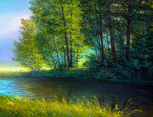 Fototapeta na wymiar River in the woods. The art of oil painting.