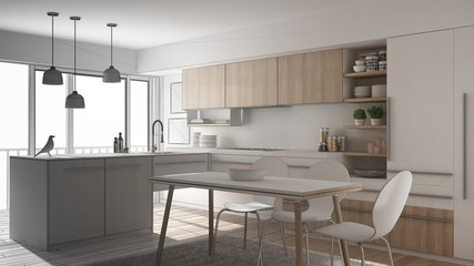 Unfinished project of modern minimalistic kitchen with dining table, carpet and panoramic window, architecture interior design