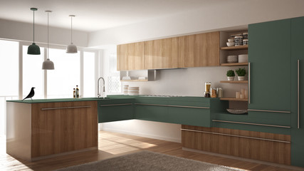 Modern minimalistic wooden kitchen with parquet floor, carpet and panoramic window, white and green architecture interior design