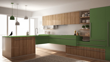 Modern minimalistic wooden kitchen with parquet floor, carpet and panoramic window, white and green architecture interior design