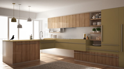 Modern minimalistic wooden kitchen with parquet floor, carpet and panoramic window, white and yellow architecture interior design