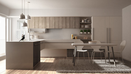 Modern minimalistic wooden kitchen with dining table, carpet and panoramic window, white architecture interior design