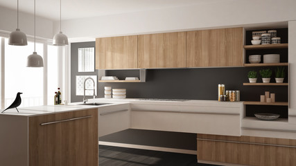 Fototapeta na wymiar Modern minimalistic wooden kitchen with parquet floor, carpet and panoramic window, white and gray architecture interior design